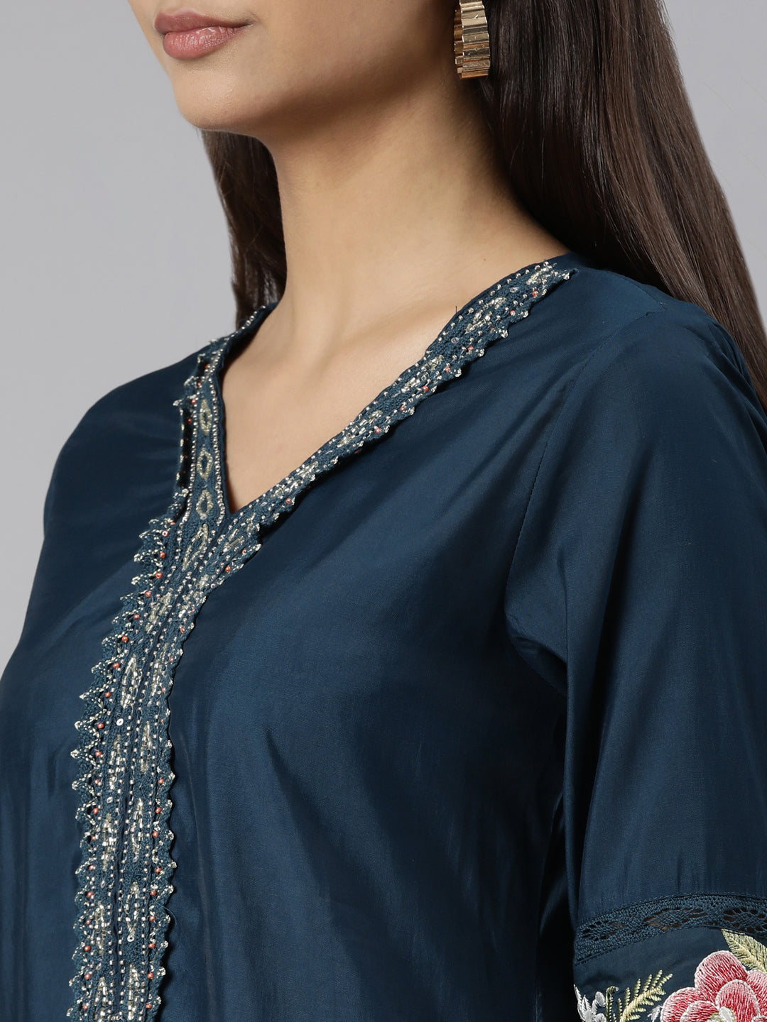 Neerus Blue printed floral suit set straight kurta with trouser and dupatta - detail view 1