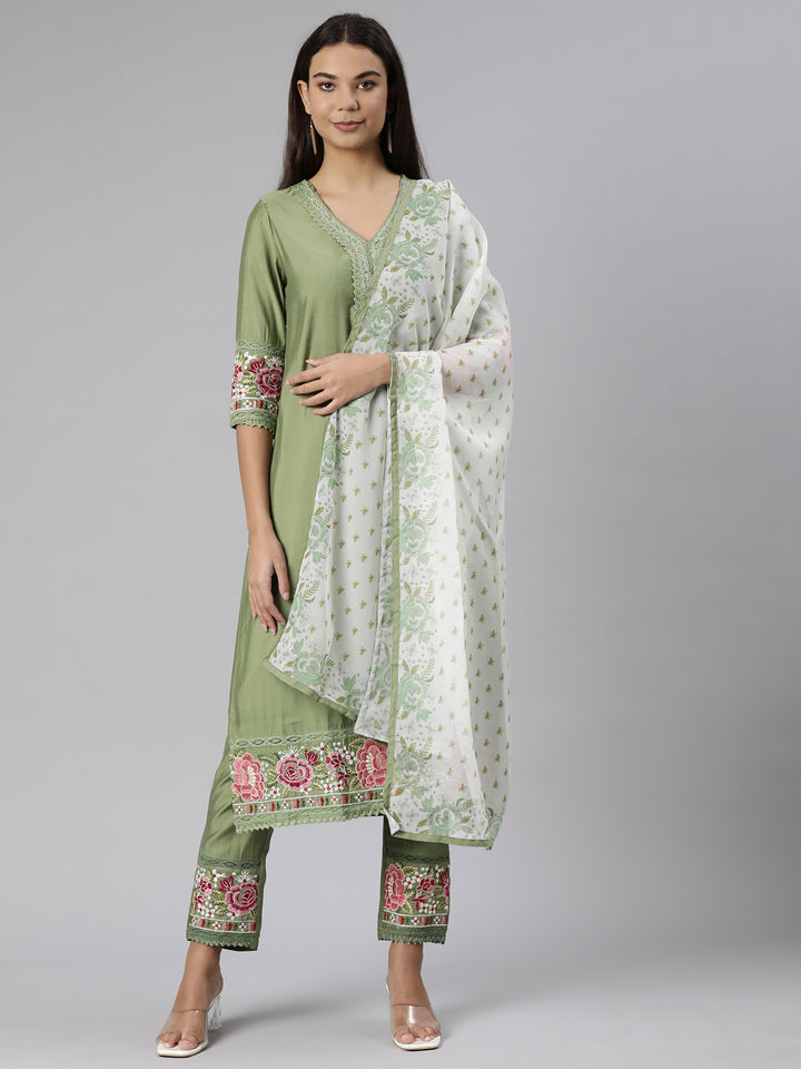 Neerus Green printed floral suit set straight kurta with trouser and dupatta - front view