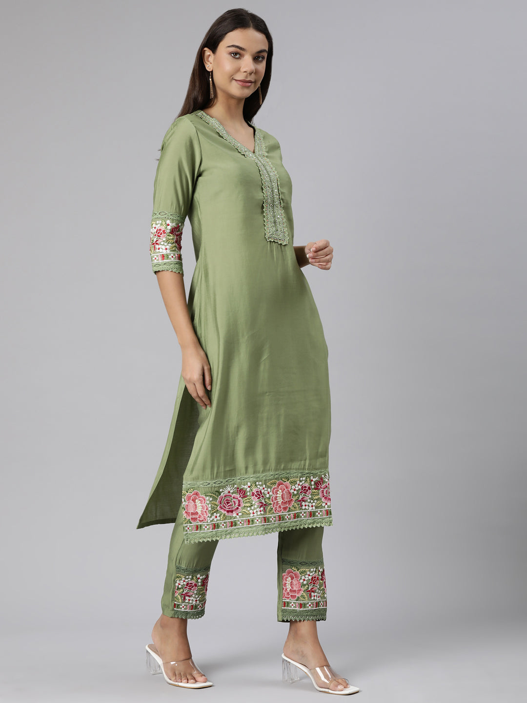 Neerus Green printed floral suit set straight kurta with trouser and dupatta - back view
