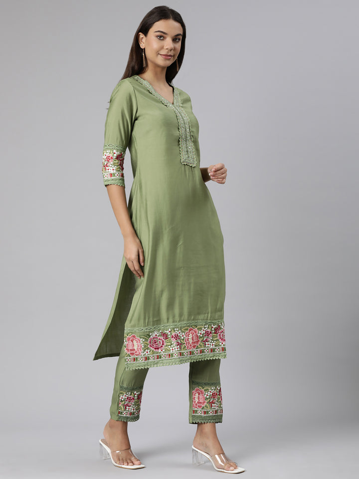 Neerus Green printed floral suit set straight kurta with trouser and dupatta - back view