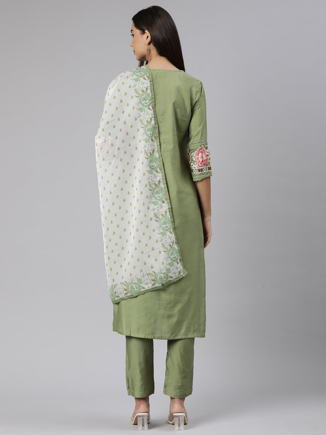 Neerus Green printed floral suit set straight kurta with trouser and dupatta - side view