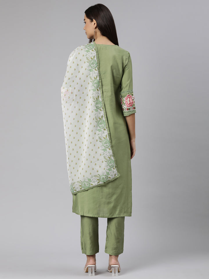 Neerus Green printed floral suit set straight kurta with trouser and dupatta - side view