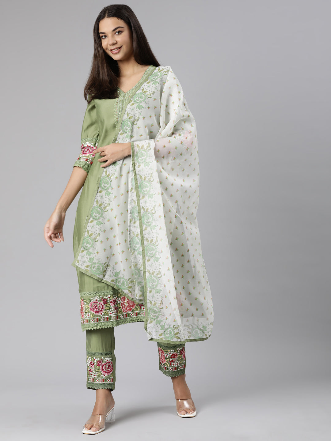 Neerus Green printed floral suit set straight kurta with trouser and dupatta - detail view 2