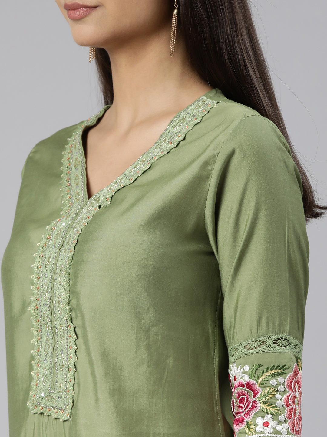 Neerus Green printed floral suit set straight kurta with trouser and dupatta - detail view 1