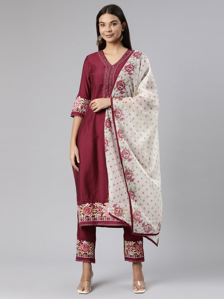 Neerus Purple Floral Printed Straight Suit Set - front view
