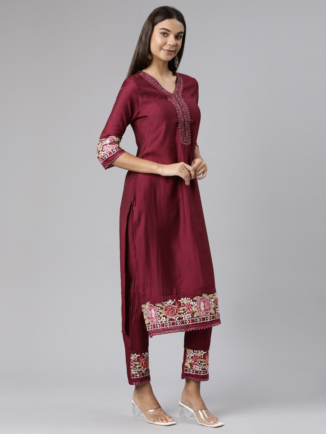 Neerus Purple Floral Printed Straight Suit Set - back view