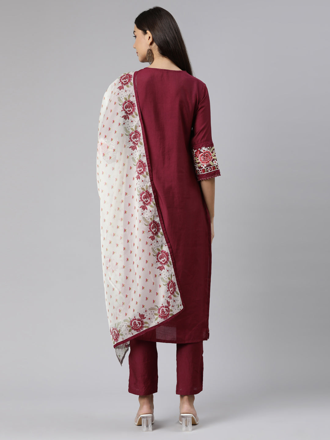 Neeru's Purple Regular Straight Floral Kurta And Trousers With Dupatta