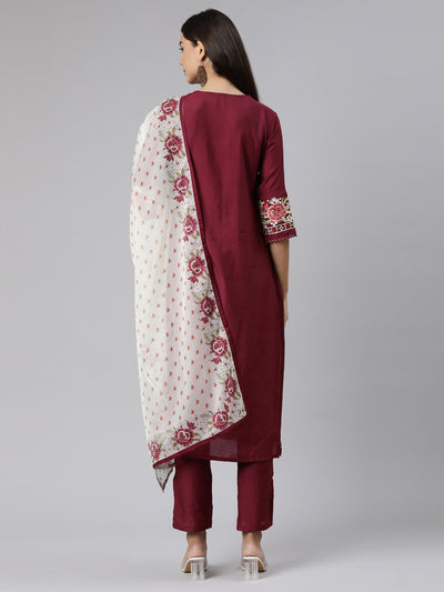 Neeru's Purple Regular Straight Floral Kurta And Trousers With Dupatta