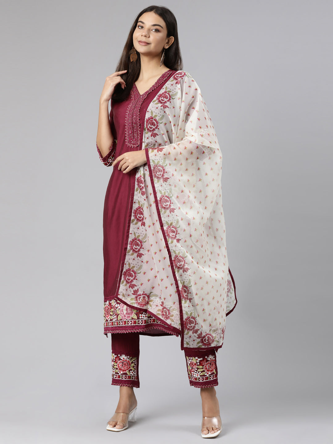 Neerus Purple Floral Printed Straight Suit Set - detail view 2