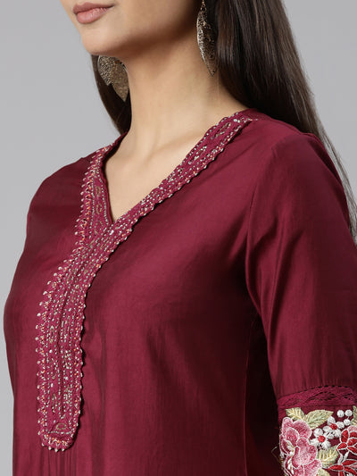 Neeru's Purple Regular Straight Floral Kurta And Trousers With Dupatta
