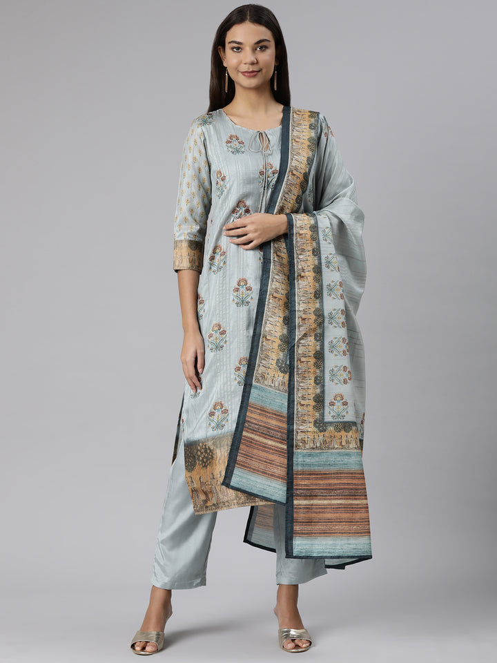 Neerus Blue Regular Straight Floral Kurta And Trousers With Dupatta