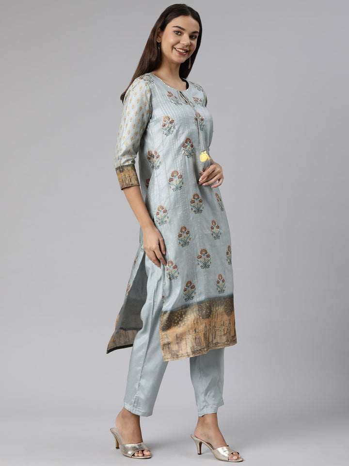 Neerus Blue Regular Straight Floral Kurta And Trousers With Dupatta