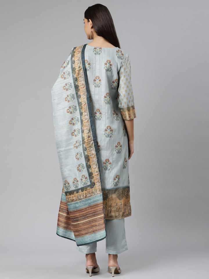 Neerus Blue Regular Straight Floral Kurta And Trousers With Dupatta