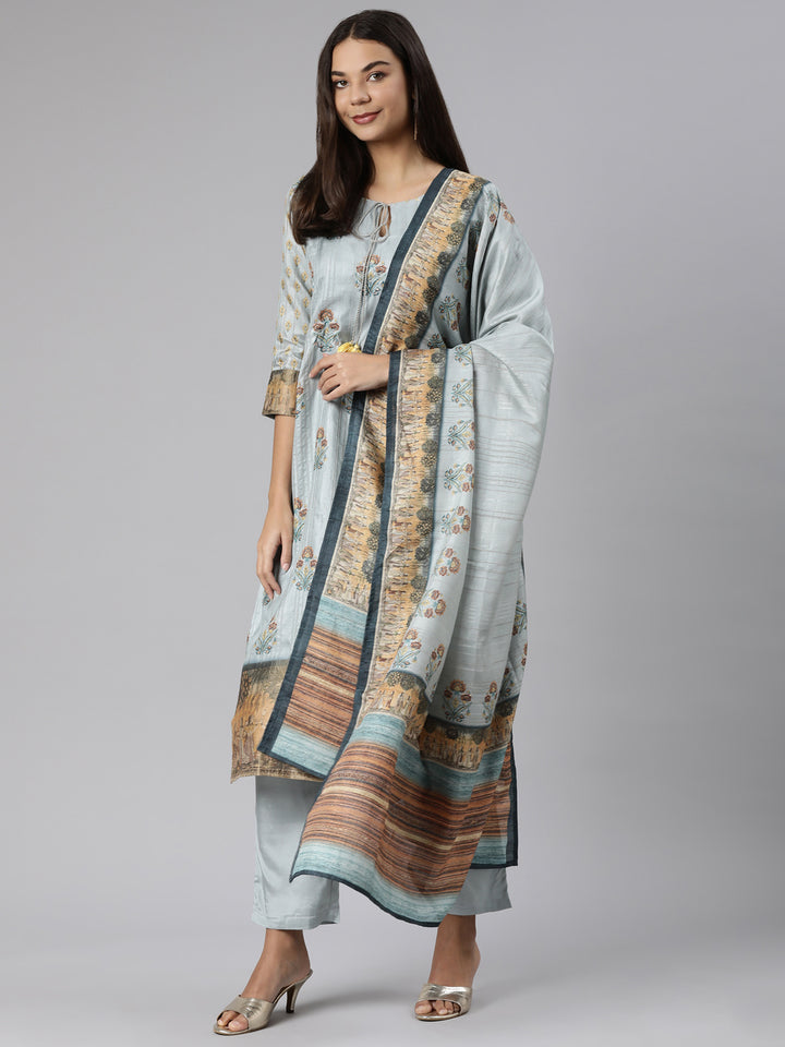 Neerus Blue Regular Straight Floral Kurta And Trousers With Dupatta