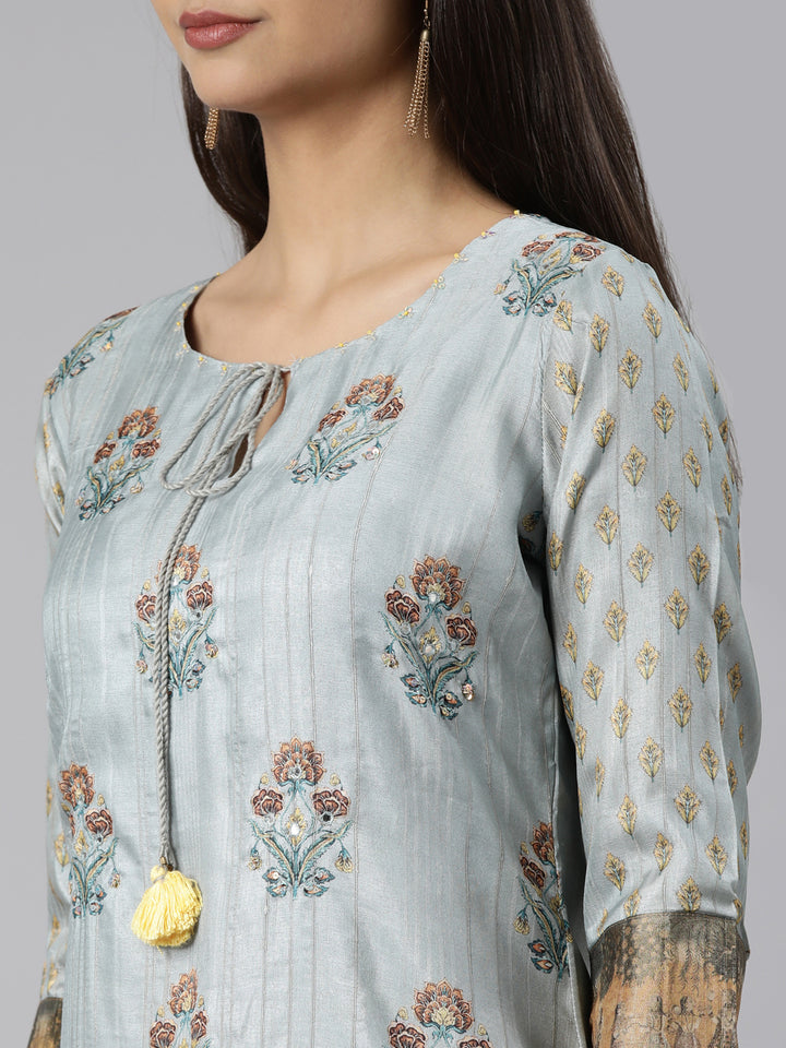 Neerus Blue Regular Straight Floral Kurta And Trousers With Dupatta
