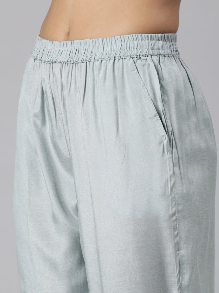 Neerus Blue Regular Straight Floral Kurta And Trousers With Dupatta