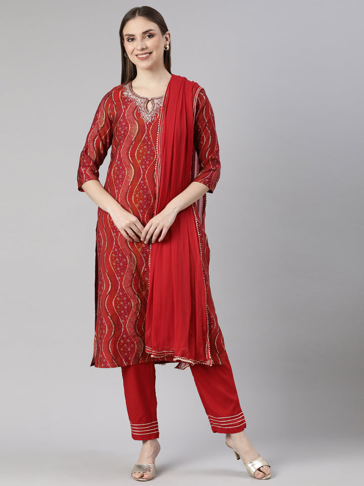 Neerus Red Bandhani printed straight suit set - front view