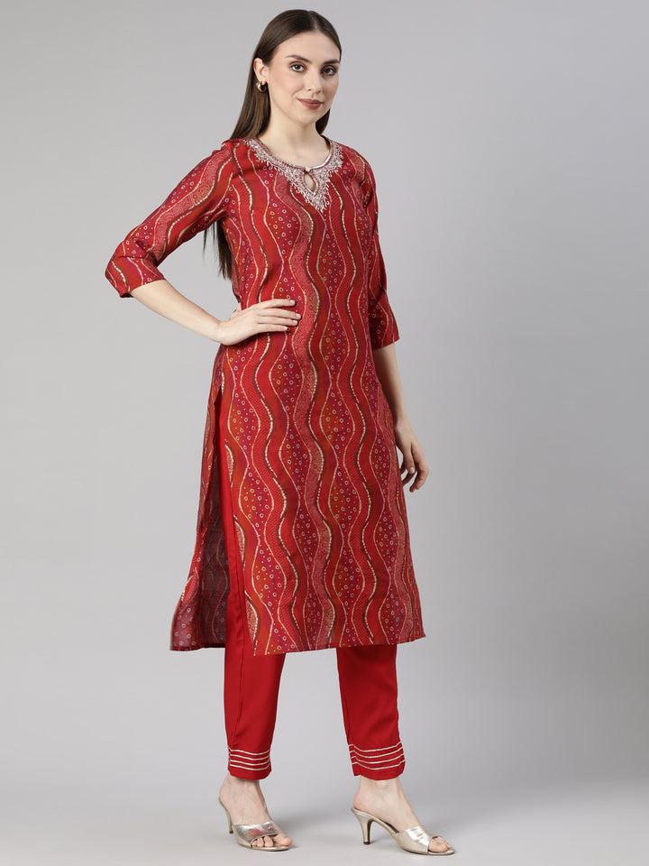 Neerus Red Bandhani printed straight suit set - back view