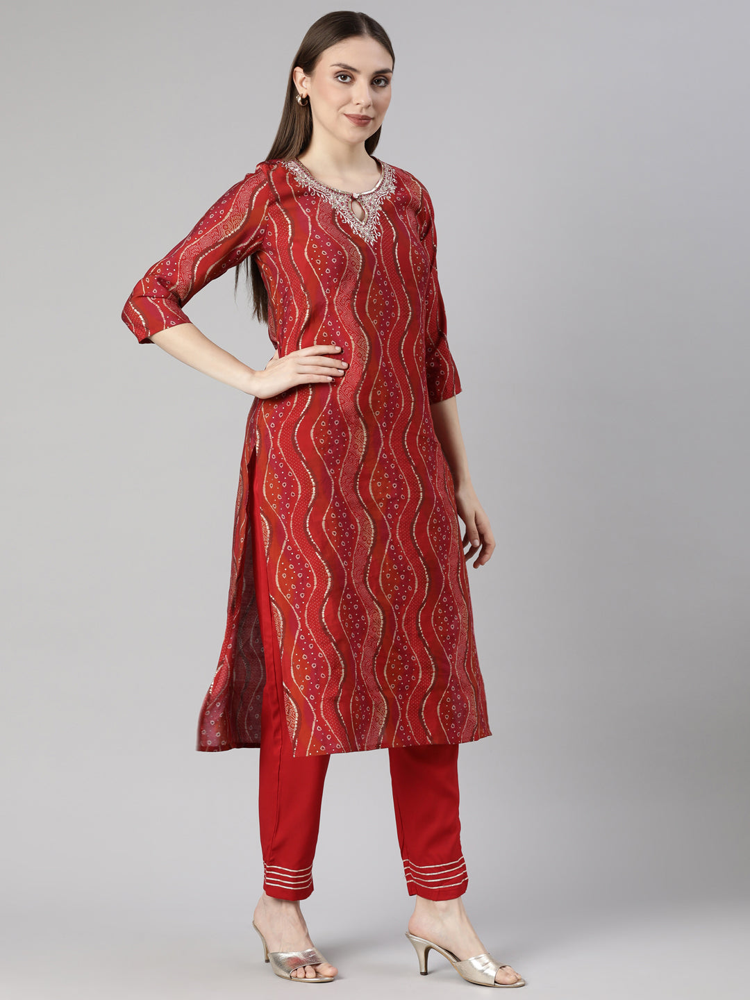 Neerus Red Regular Straight Bandhani Kurta And  Trousers With Dupatta