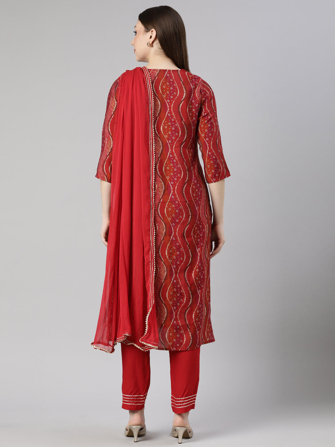 Neerus Red Regular Straight Bandhani Kurta And  Trousers With Dupatta