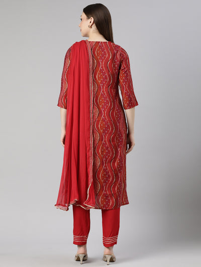 Neerus Red Regular Straight Bandhani Kurta And  Trousers With Dupatta