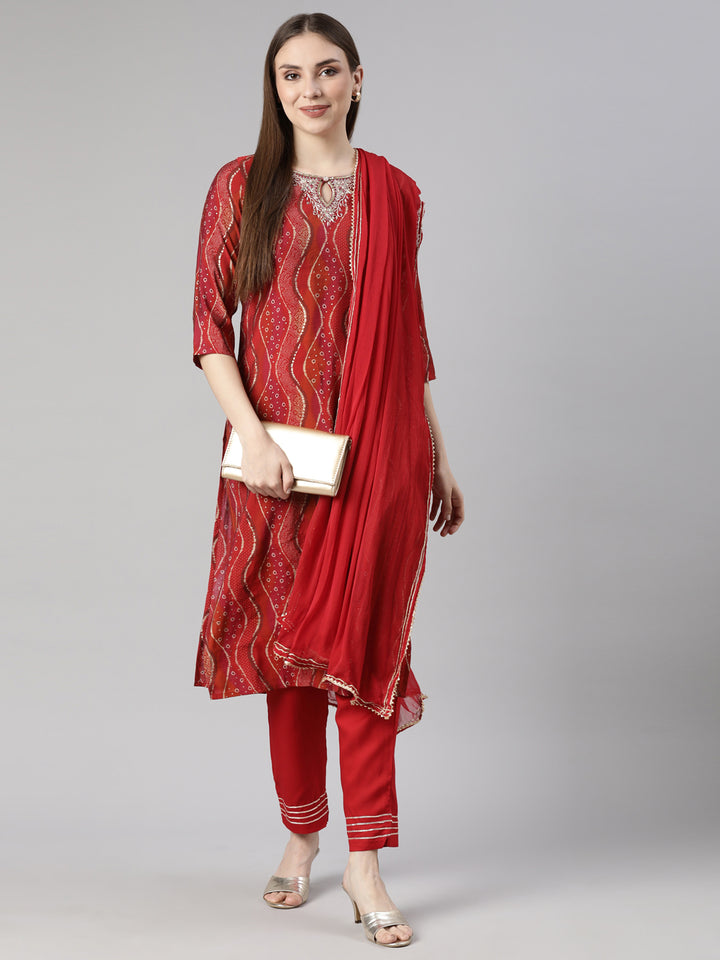 Neerus Red Bandhani printed straight suit set - detail view 1