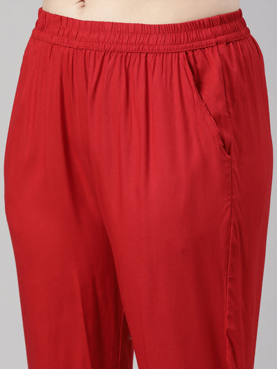 Neerus Red Regular Straight Bandhani Kurta And  Trousers With Dupatta