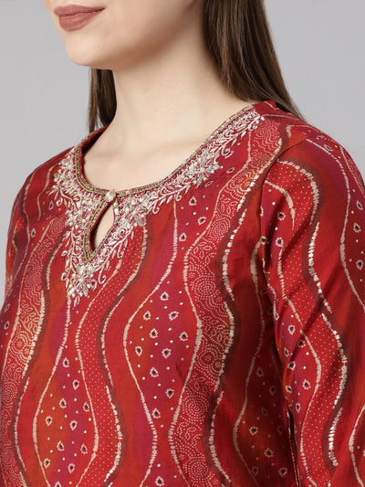 Neerus Red Regular Straight Bandhani Kurta And  Trousers With Dupatta