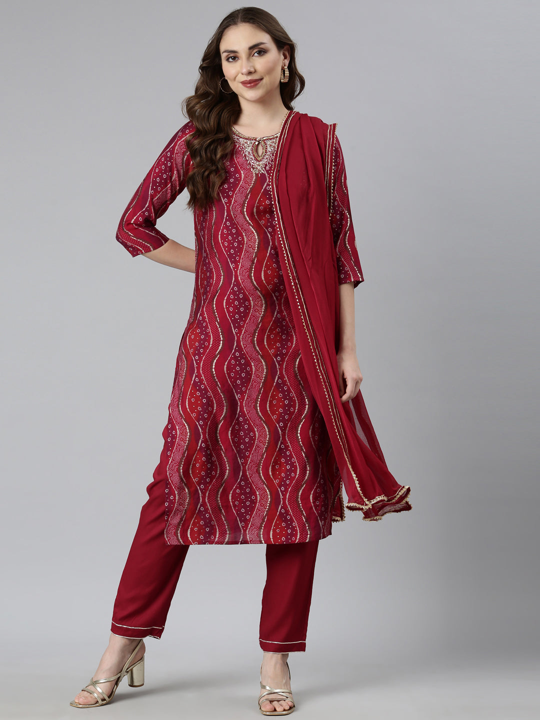 Neerus Maroon Bandhani printed suit set - detail view 1