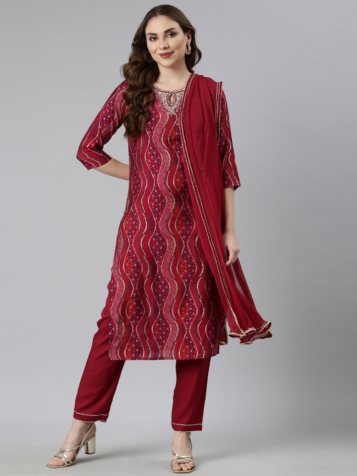 Neerus Maroon Bandhani printed suit set - detail view 1