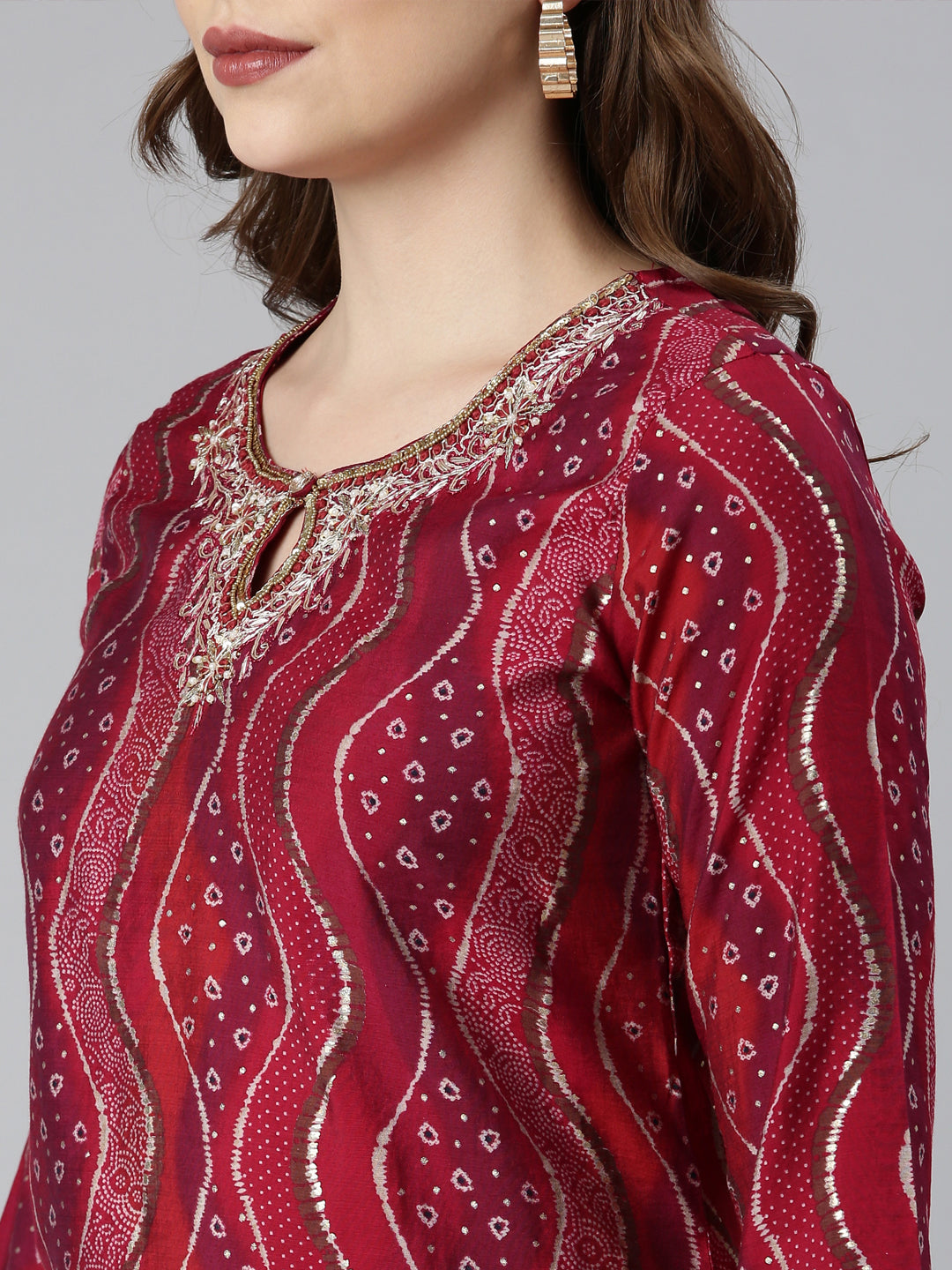 Neerus Maroon Bandhani printed suit set - detail view 4