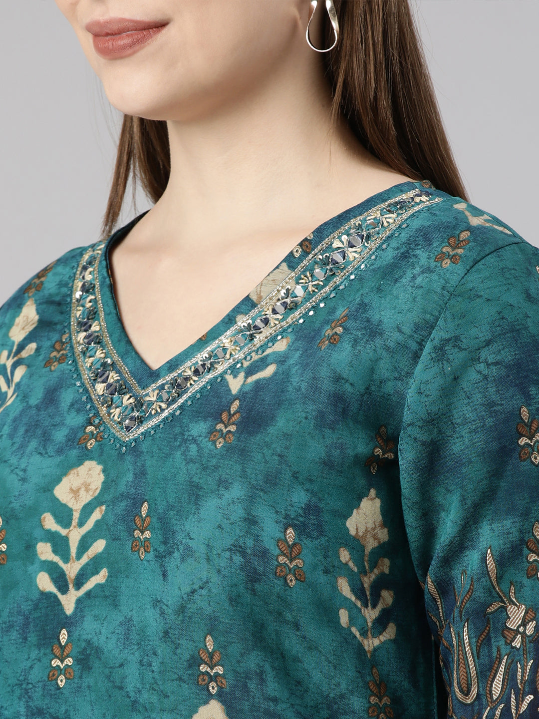 Neerus Green Regular Straight Floral Kurta And  Trousers With Dupatta