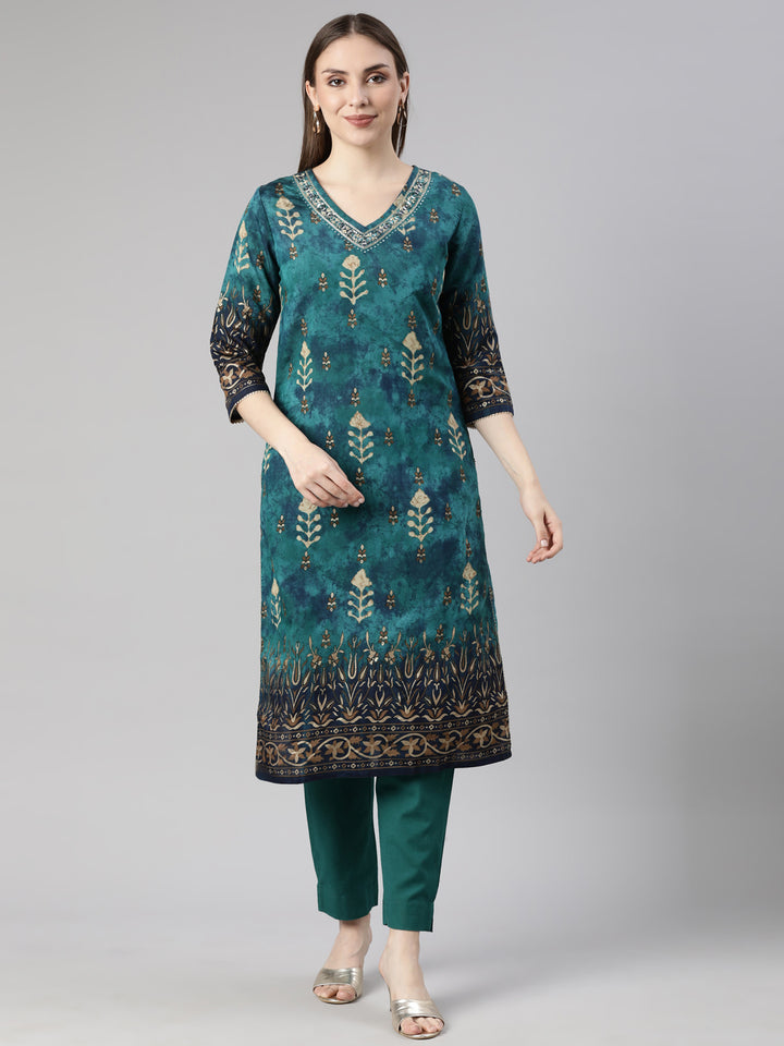 Neerus Green Regular Straight Floral Kurta And  Trousers With Dupatta