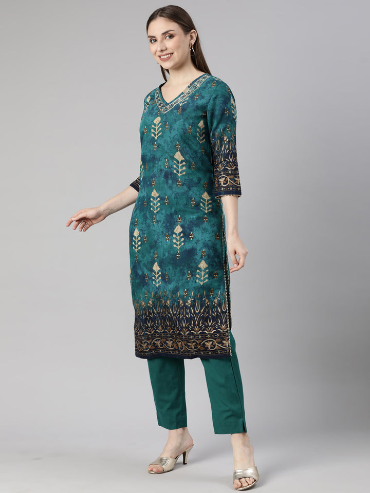 Neerus Green Regular Straight Floral Kurta And  Trousers With Dupatta