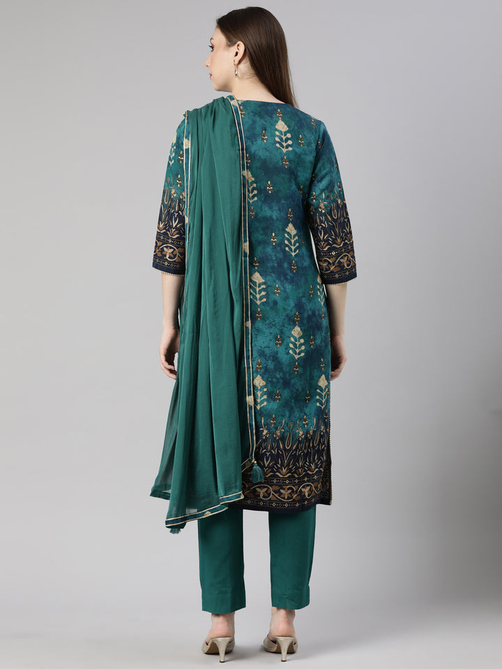 Neerus Green Regular Straight Floral Kurta And  Trousers With Dupatta