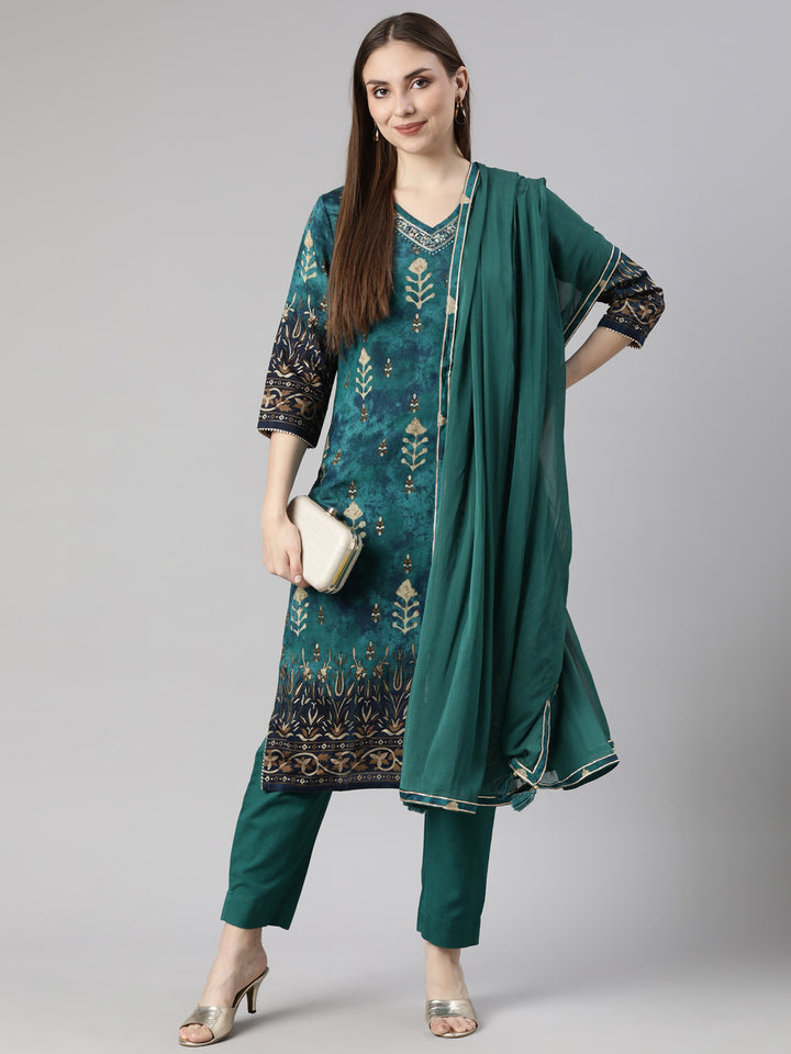Neerus Green Regular Straight Floral Kurta And  Trousers With Dupatta