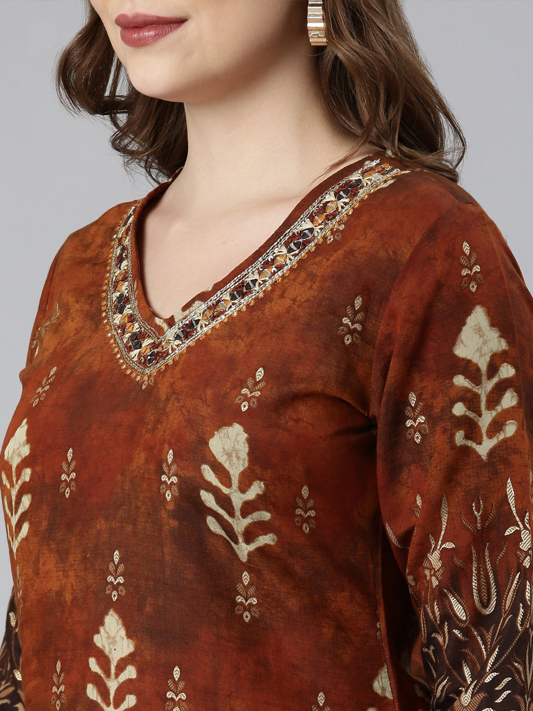 Neerus Orange printed floral suit set straight kurta with trouser and dupatta - detail view 4