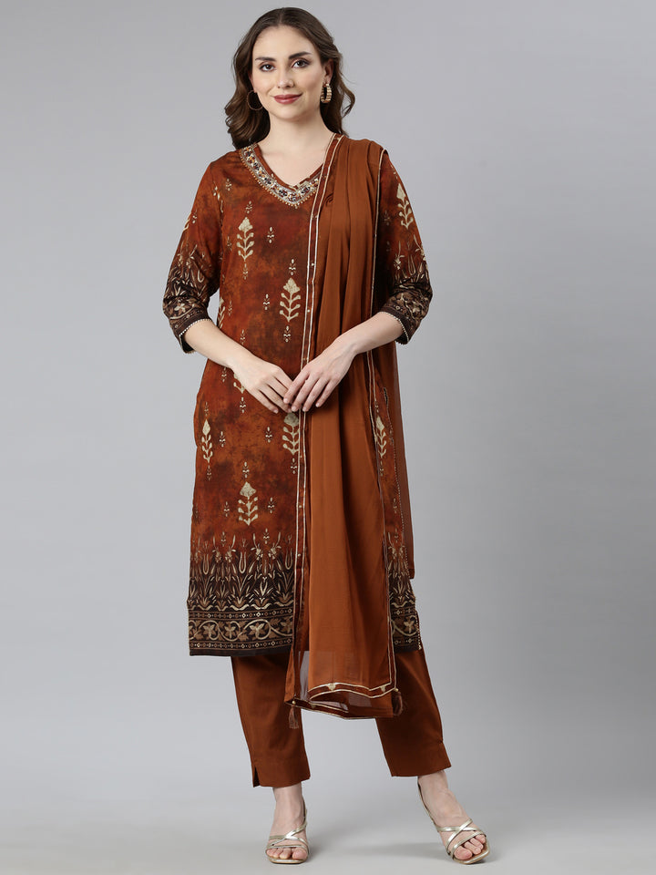 Neerus Orange printed floral suit set straight kurta with trouser and dupatta - front view