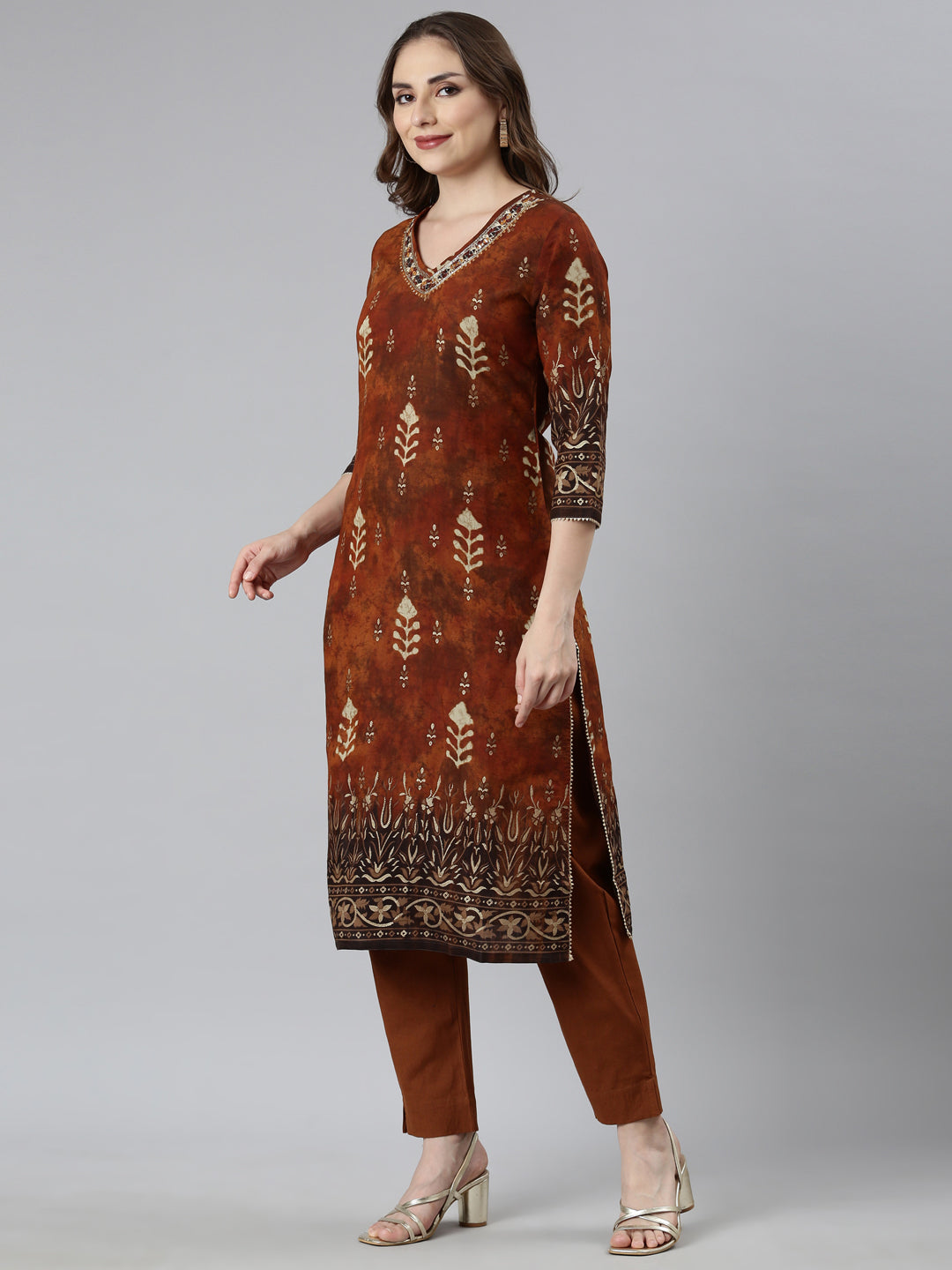 Neerus Rust Regular Straight Floral Kurta And  Trousers With Dupatta