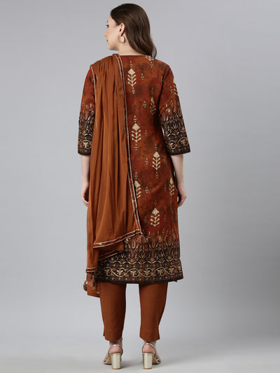 Neerus Rust Regular Straight Floral Kurta And  Trousers With Dupatta