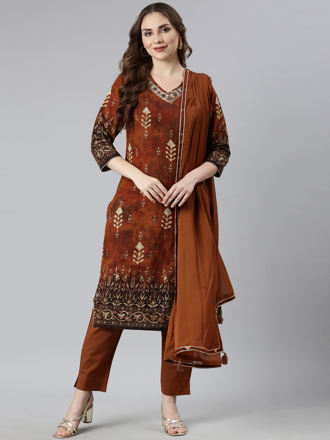 Neerus Orange printed floral suit set straight kurta with trouser and dupatta - detail view 1