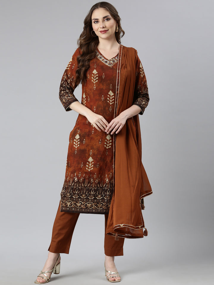 Neerus Orange printed floral suit set straight kurta with trouser and dupatta - detail view 1