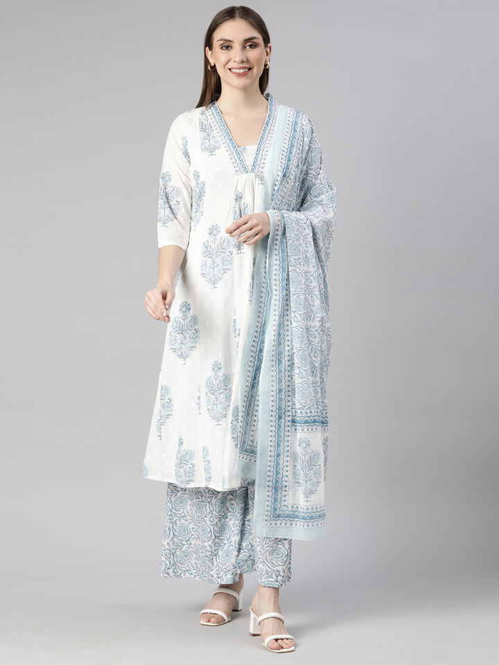 Neerus Blue Regular Straight Floral Kurta And  Palazzos With Dupatta