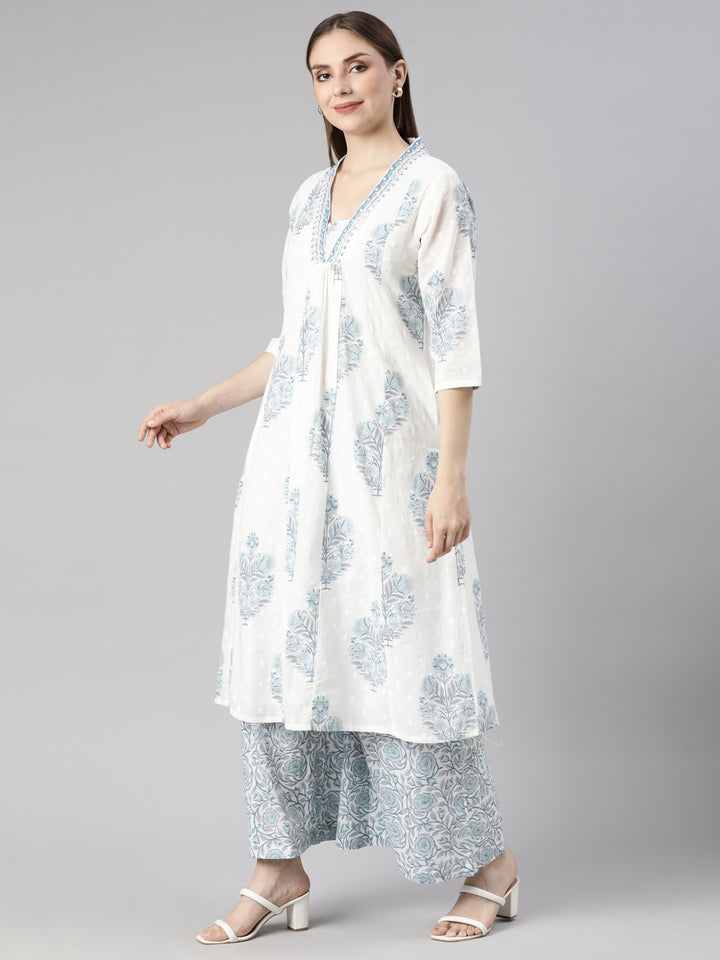 Neerus Blue Regular Straight Floral Kurta And  Palazzos With Dupatta