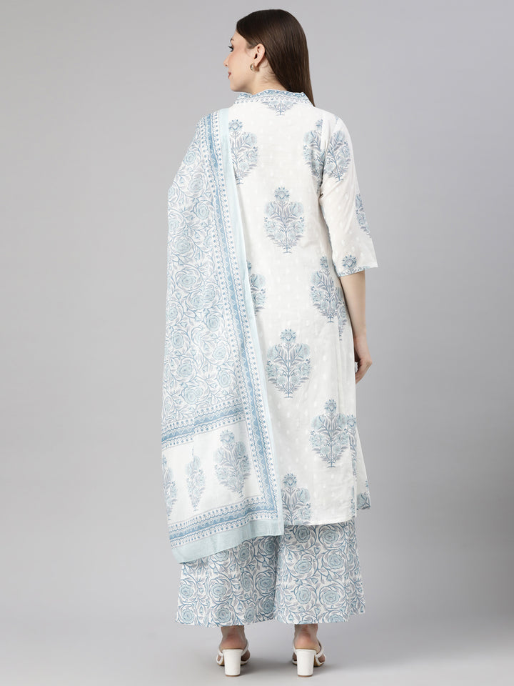 Neerus Blue Regular Straight Floral Kurta And  Palazzos With Dupatta