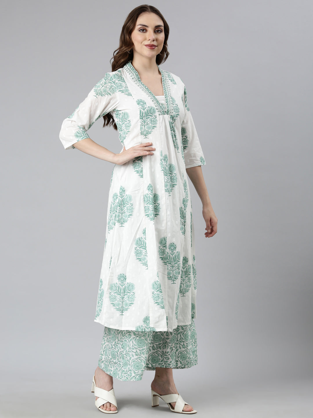 Neerus Green Regular Straight Floral Kurta And  Palazzos With Dupatta