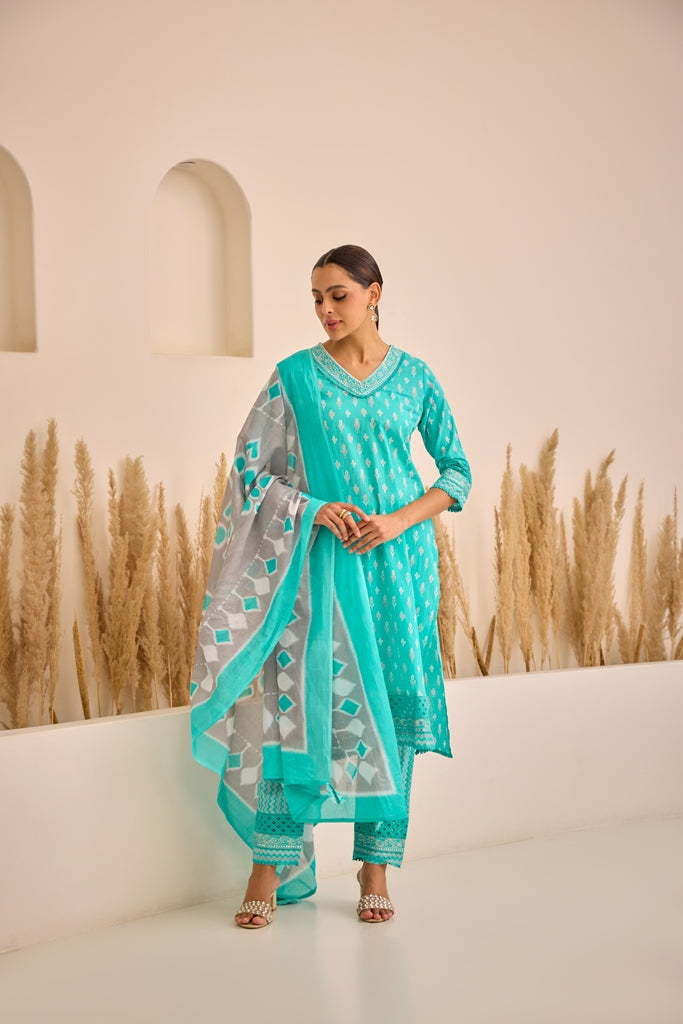 Neerus Green printed straight suit set with dupatta - front view