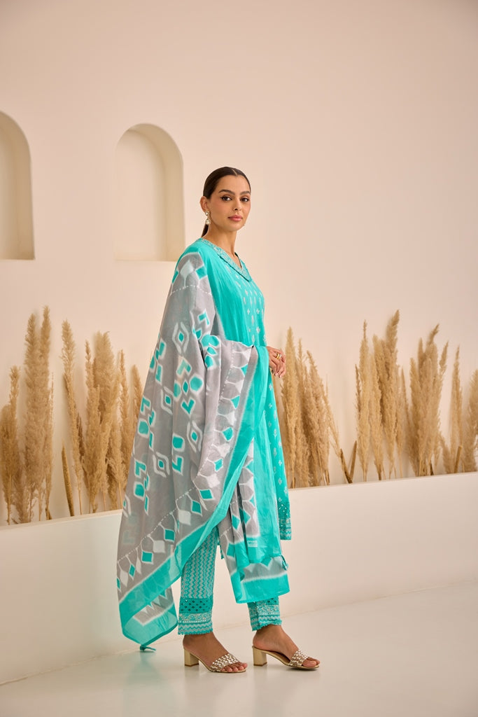 Neerus Green printed straight suit set with dupatta - back view