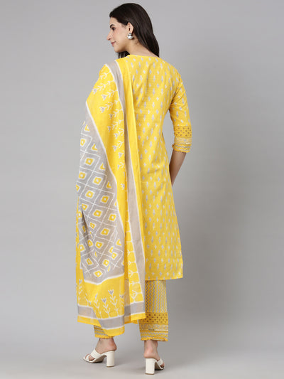 Neerus Yellow Regular Straight Floral Kurta And  Trousers With Dupatta