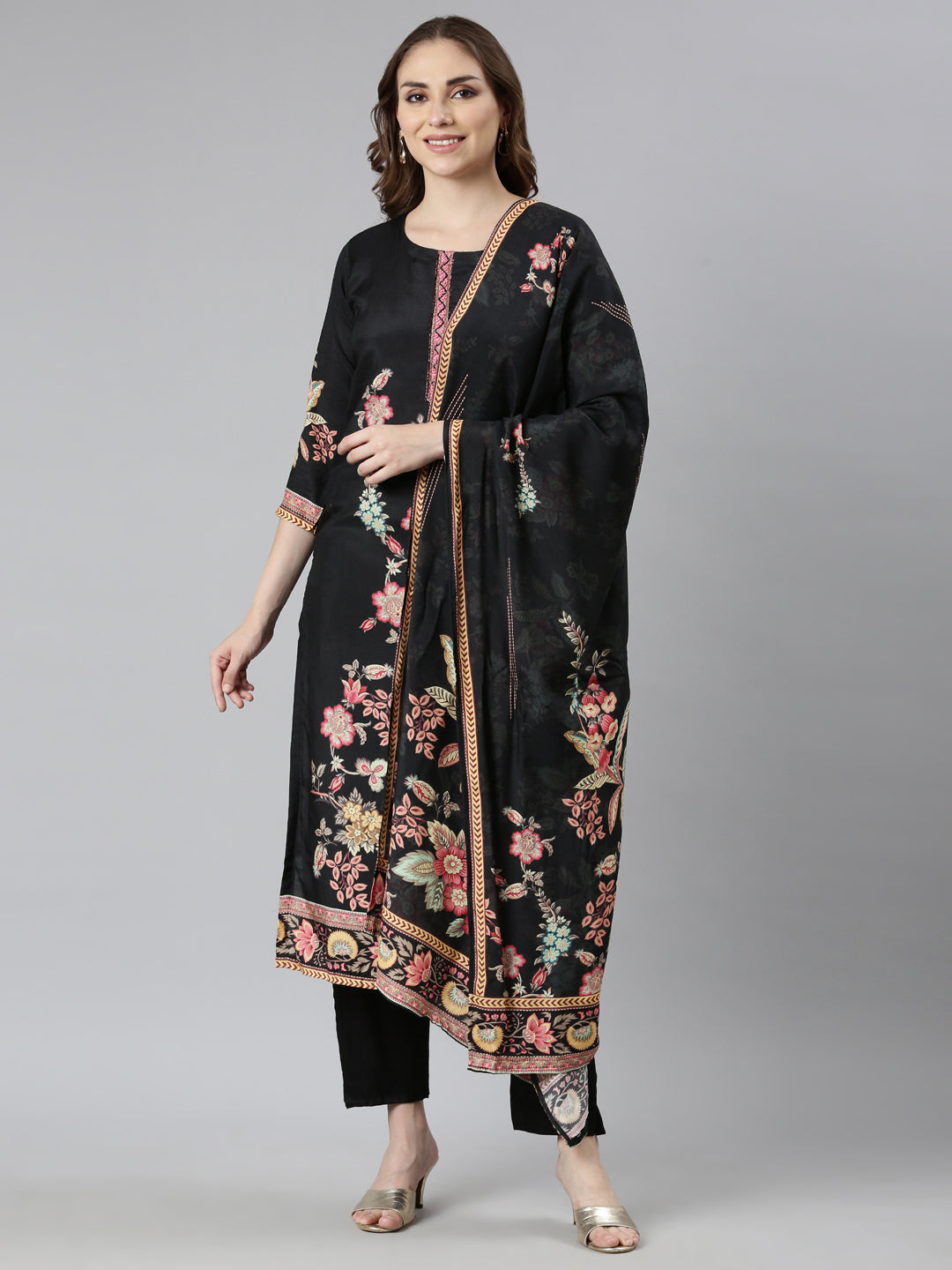 Neerus Black printed floral straight suit set - front view